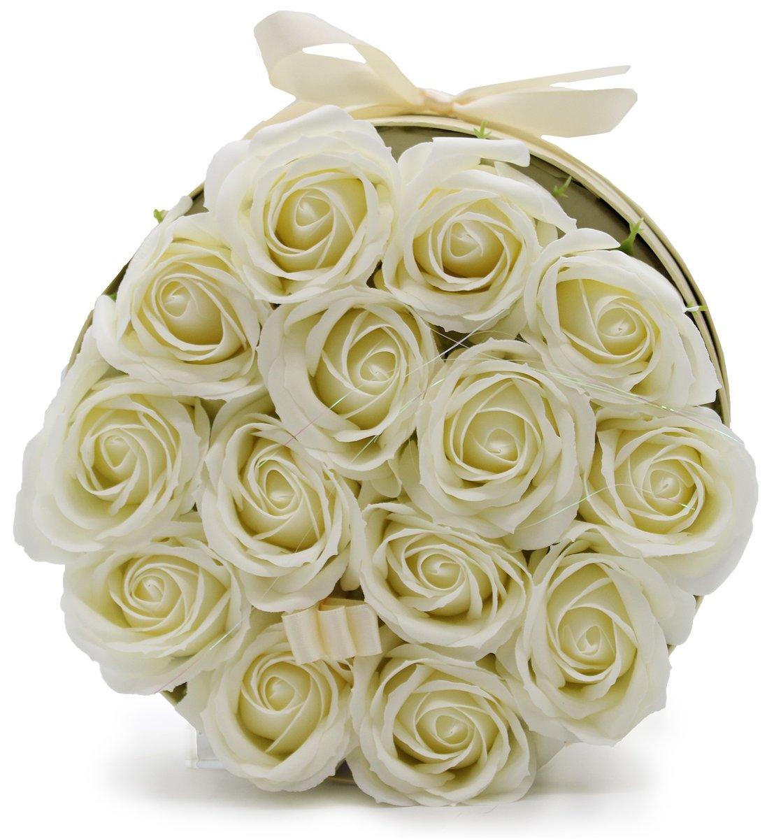 Mydlany Flower Box - 14 Kremowych Róż w Okrągłym Pudełku