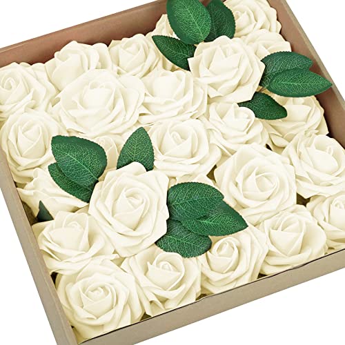 GONICVIN Sztuczne kwiaty, 50 szt. sztucznych róż z łodygami, realistyczne bukiety kwiatów DIY, na ślub, imprezę, do domu, dekoracje walentynkowe (kość słoniowa)