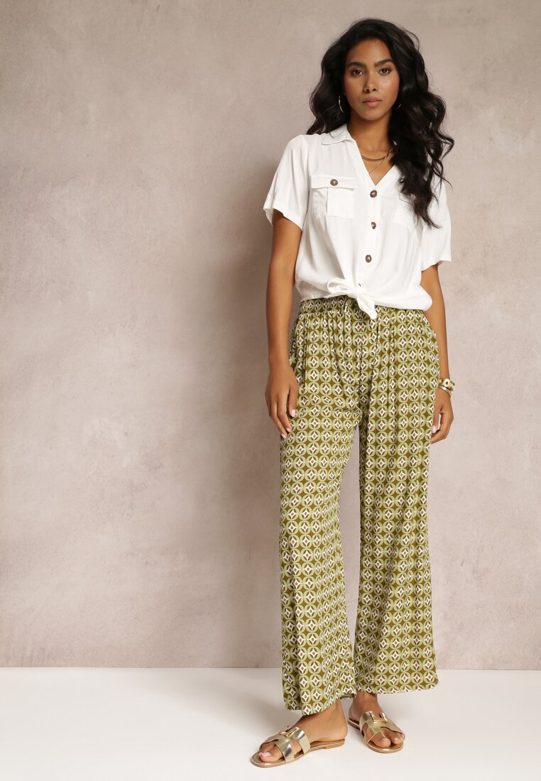 Zielone Wiskozowe Spodnie z Gumką w Pasie i Szerokimi Nogawkami Ianita