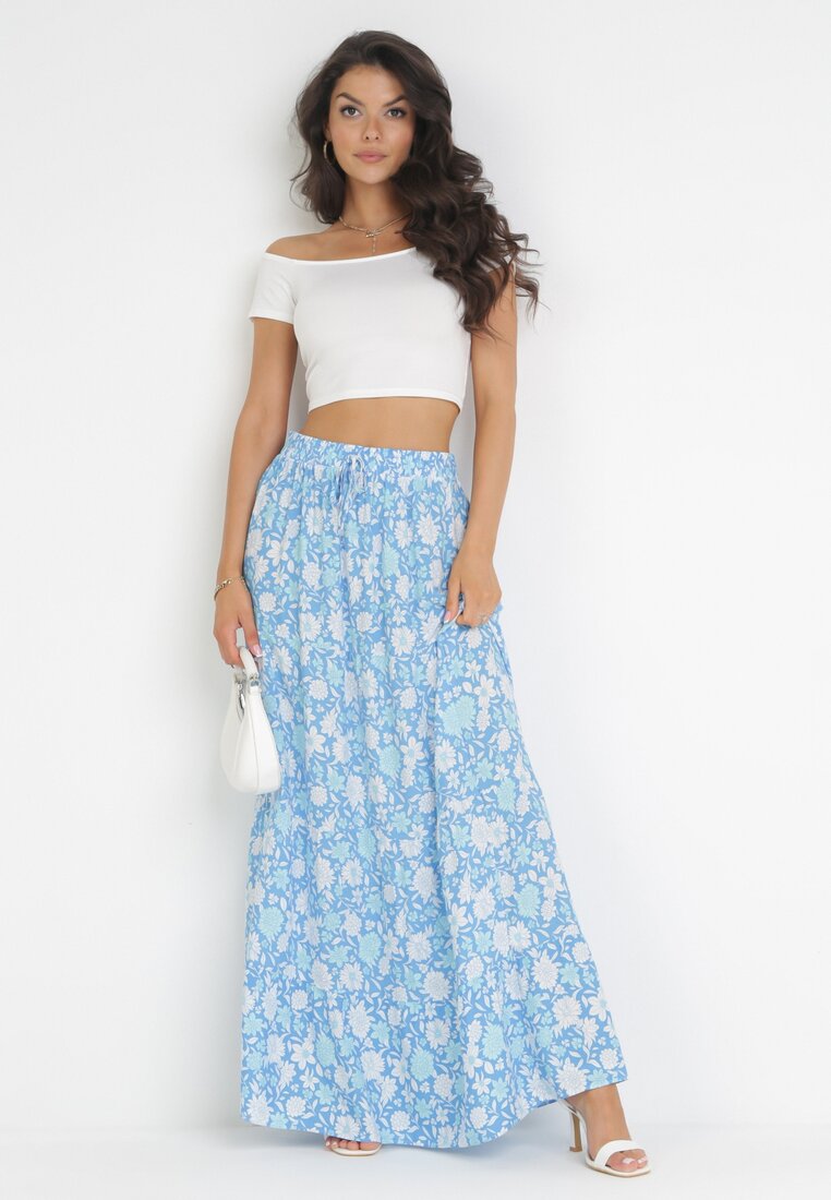 Niebieska Spódnica Maxi Bawełniana w Kwiaty Shimine
