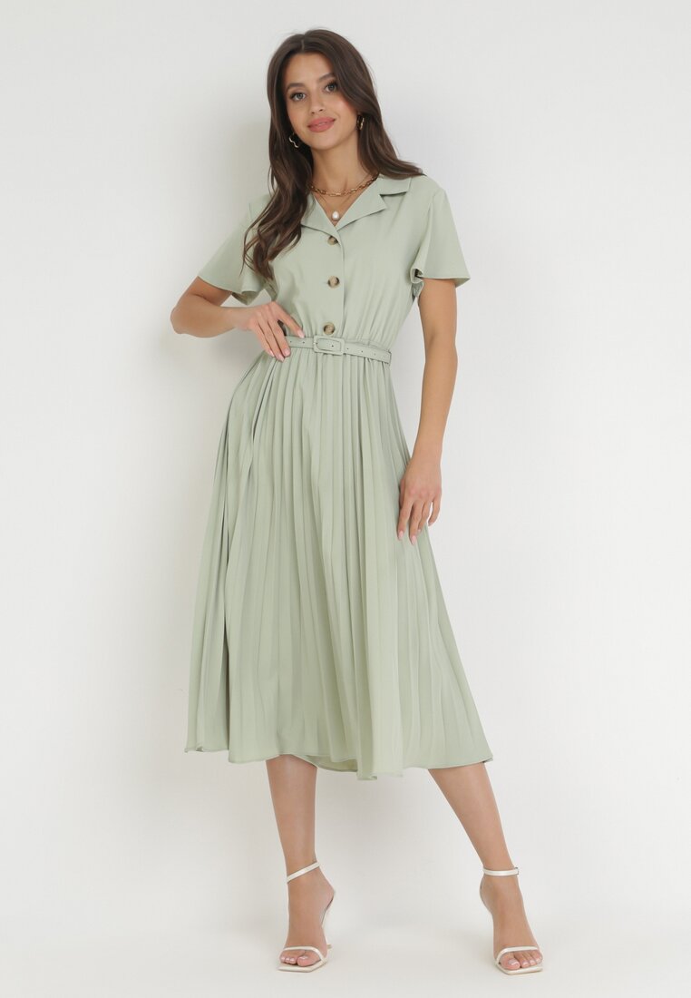 Zielona Plisowana Midi Sukienka na Guziki z Paskiem i Klamrą Taretha