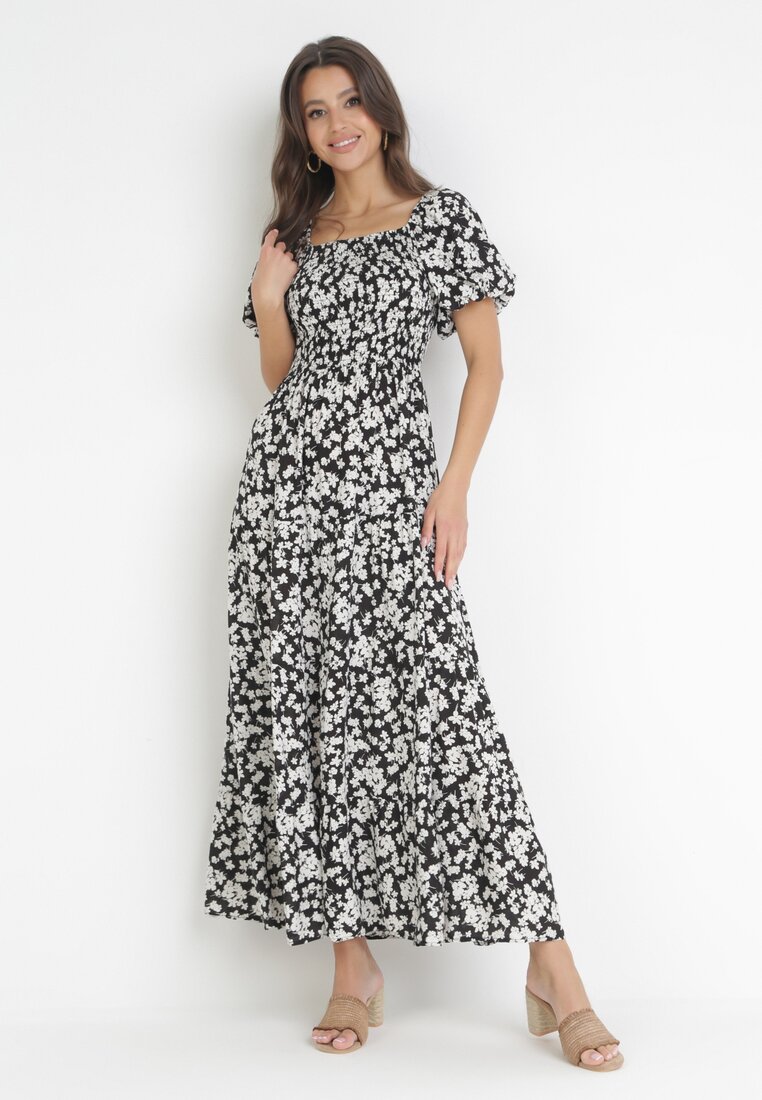 Czarna Rozkloszowana Sukienka Maxi w Kwiaty Casceia