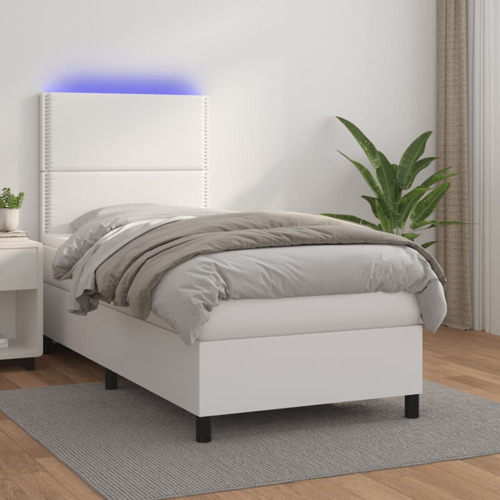 Lumarko Łóżko kontynentalne z materacem i LED, biała ekoskóra 100x200cm