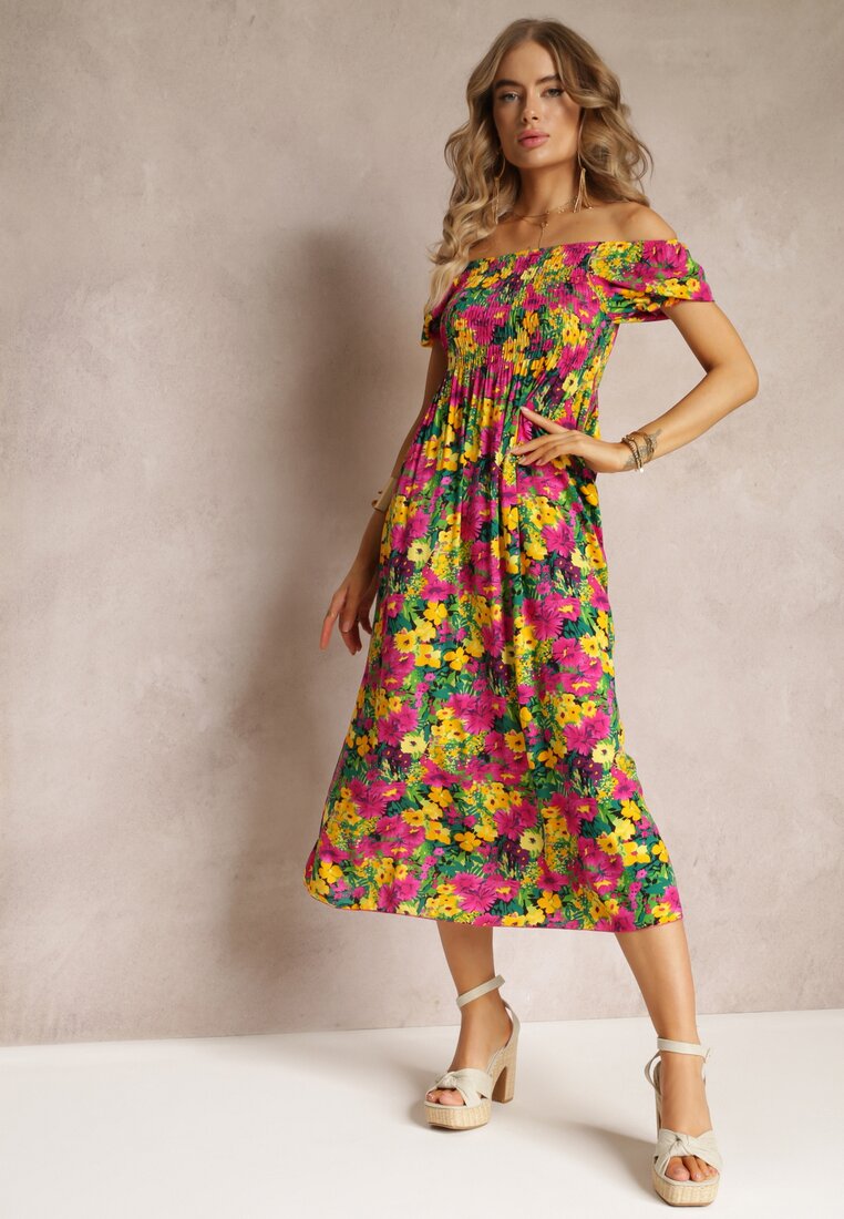 Zielona Wiskozowa Sukienka Midi O Fasonie Hiszpanki w Kwiatowy Print Ambersen