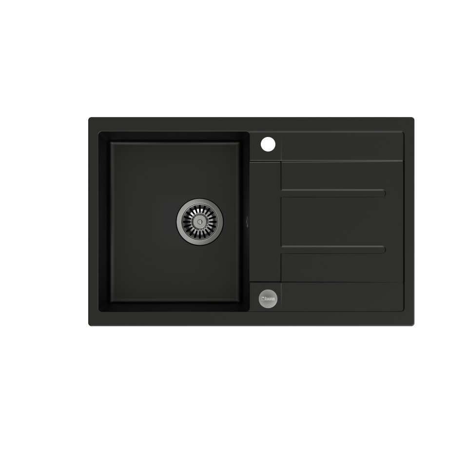 QUADRON Zlewozmywak granitowy jednokomorowy 78 50 19,5 cm z ociekaczem MORGAN 111 Very Black czarny mat ze stalowym odpływem HB8203U7-BS