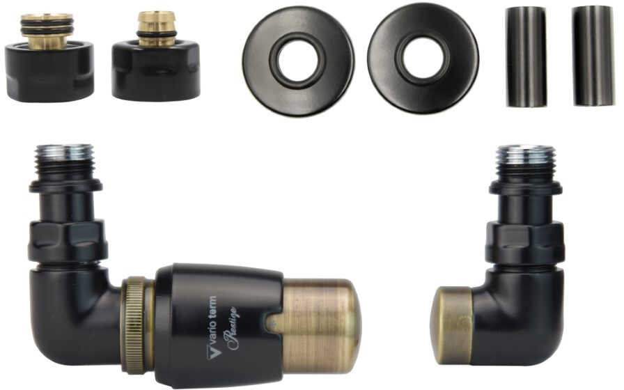 Zawór termostatyczny trójosiowy Vision czarny mat z mosiądzem antycznym lewy Pex All in One