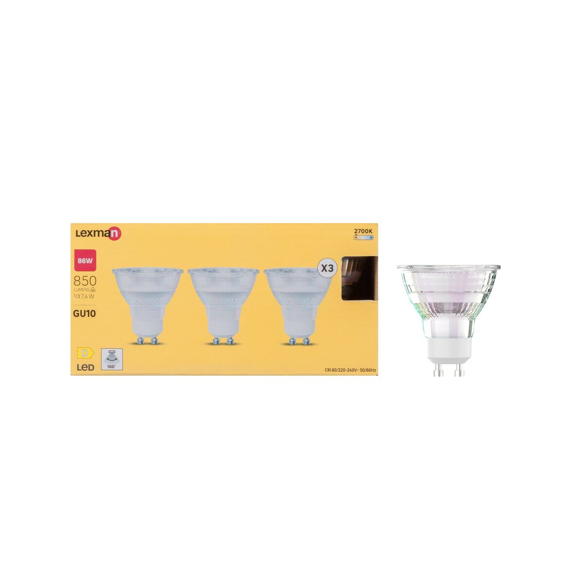 Żarówka LED GU10 3 szt. 7,4 W 850 lm Ciepła biel Lexman