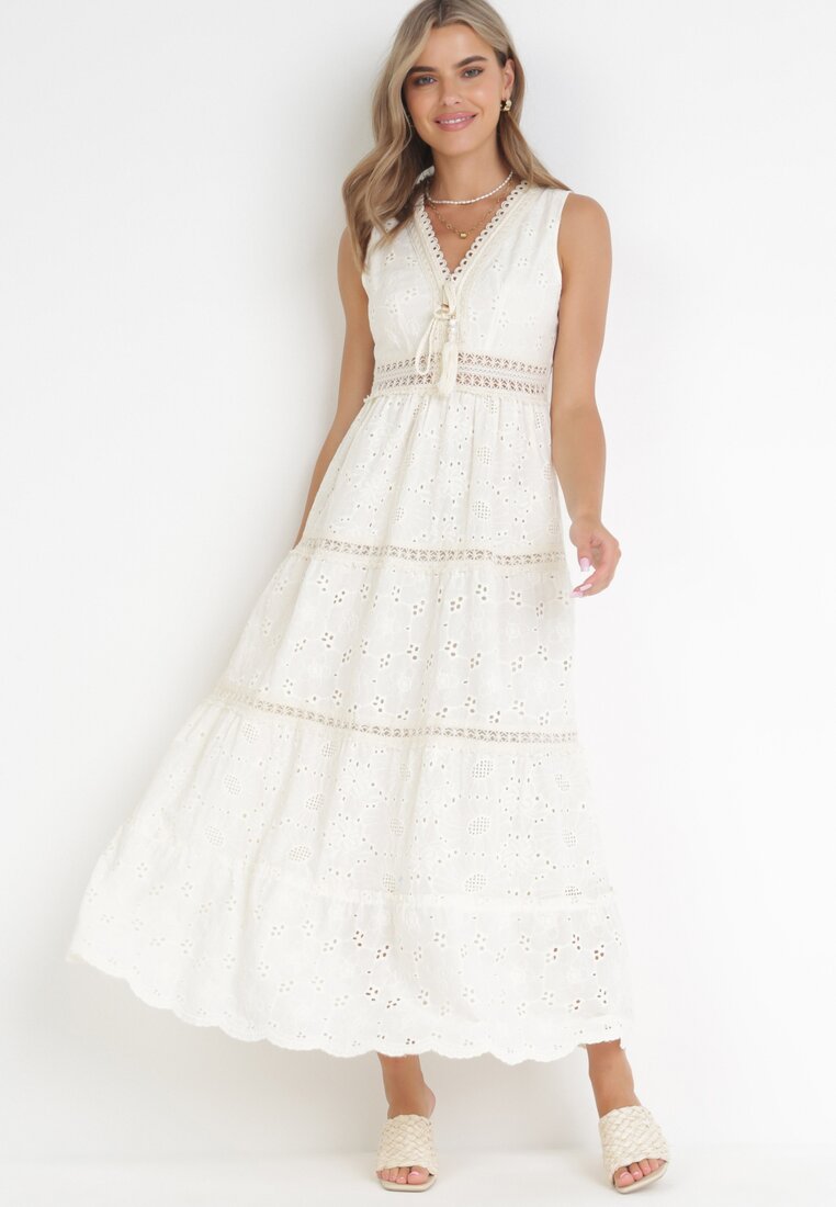 Beżowa Haftowana Sukienka Maxi Fizz
