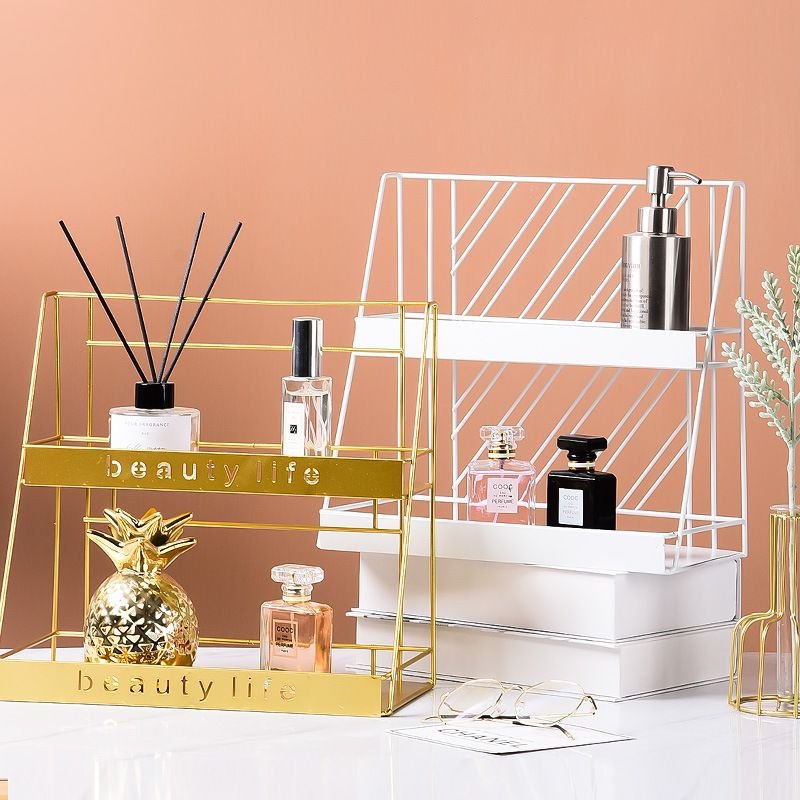 Metalowa, dwupoziomowa półka styl LOFT na kosmetyki BEAUTY LIFE – złota