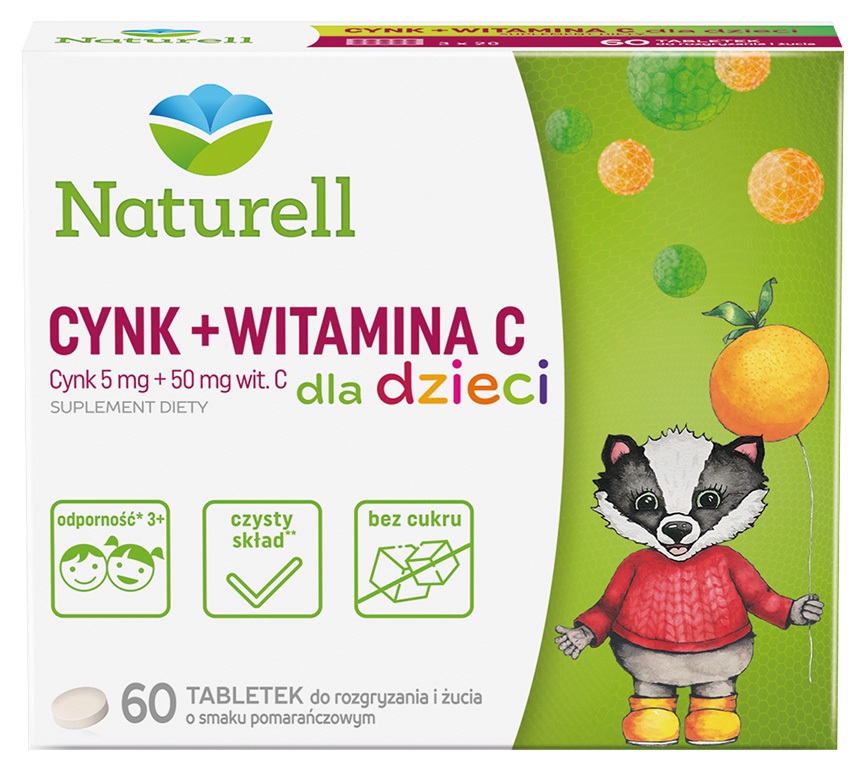Naturell Cynk + Witamina C Dla Dzieci Tabletki Do Żucia 60 Tabletek