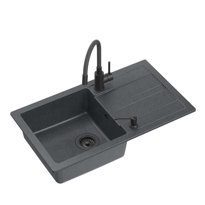READY- MAX CZARNY zlewozmywak granitowy 1-k z/o (77x44x17,5) + bateria z elastyczną very black + dozownik very black + syfon very black