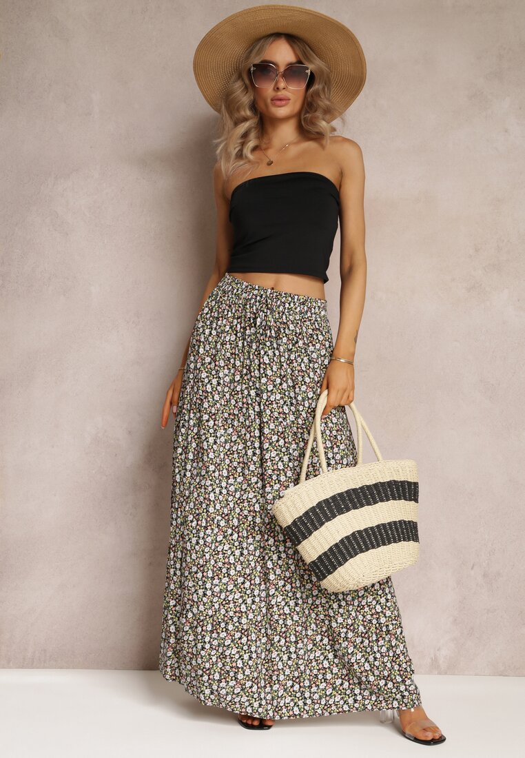 Czarna Rozkloszowana Spódnica Maxi w Kwiaty Dethuj