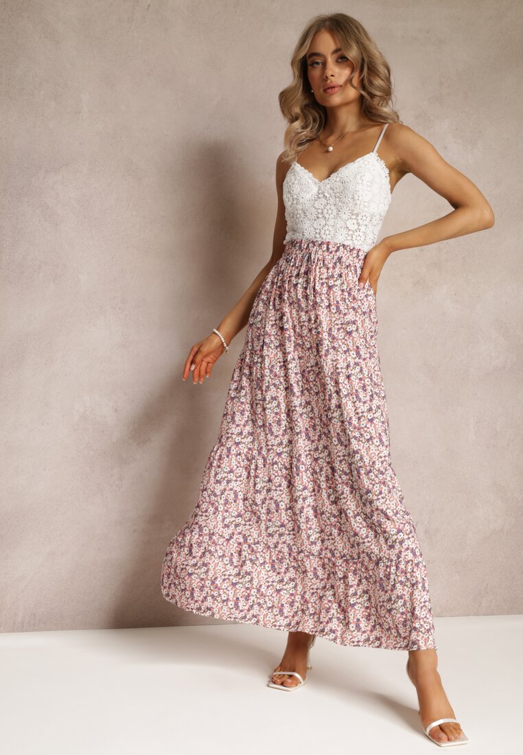 Różowa Rozkloszowana Spódnica Maxi w Kwiaty Dethuj