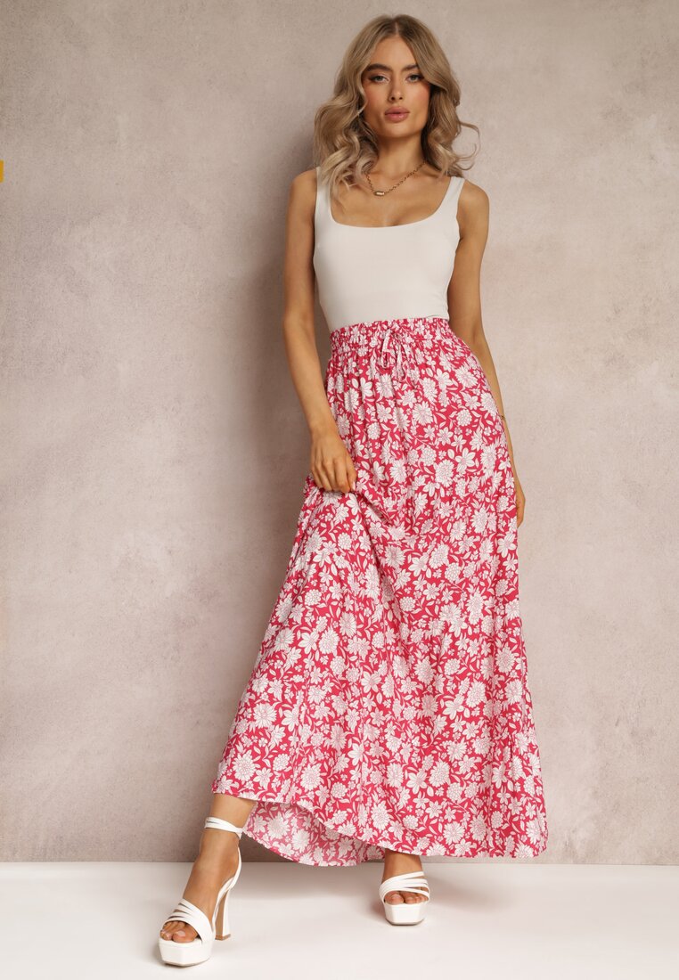 Czerwona Bawełniana Spódnica Maxi w Kwiaty Eile
