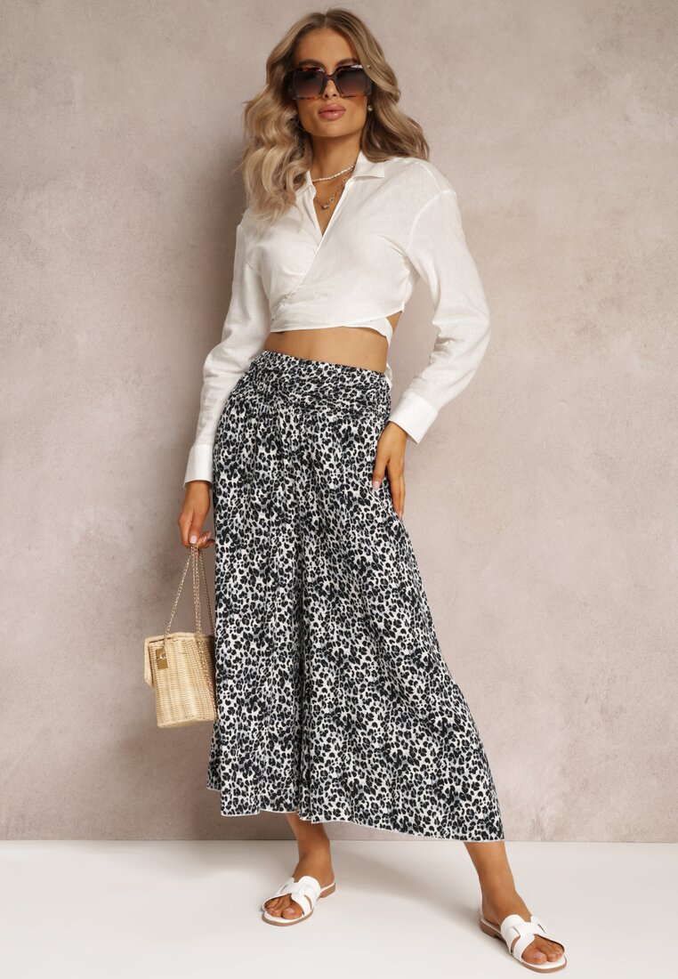 Szare Szerokie Spodnie o Długości 7/8 w Panterkę Rhina