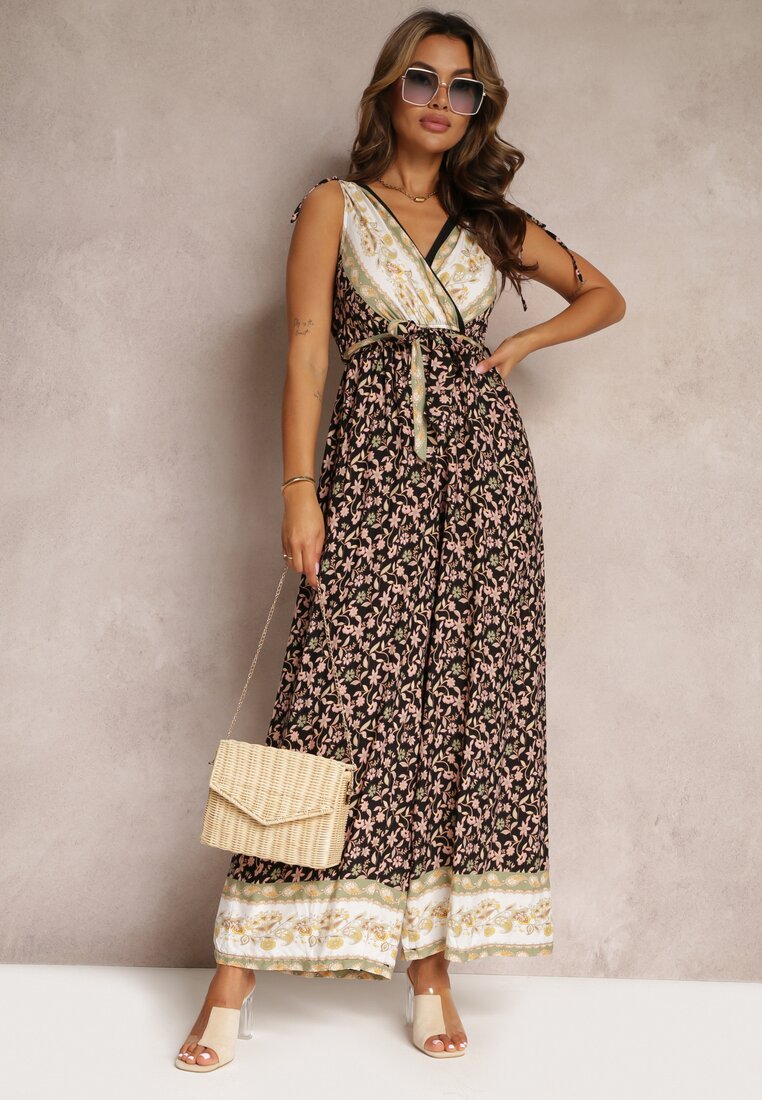 Czarny Kombinezon z Wiskozy Ozdobiony Kwiatowym Printem i Troczkami przy Ramionach Taglieri