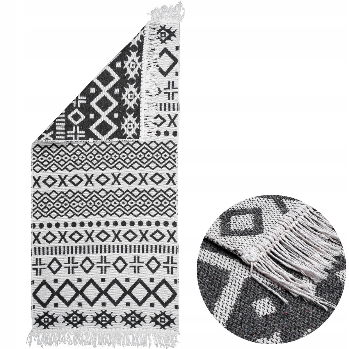 DYWAN BOHO KILIM FRĘDZLE NOWOCZESNY AZTECKI 60x120cm BIAŁO SZARY