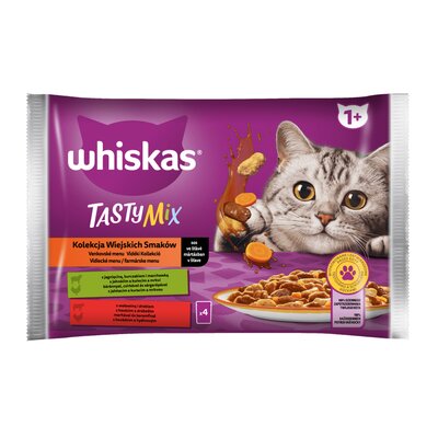 Whiskas Kolekcja Wiejskich Smaków - mokra karma dla dorosłego kota, w sosie (kawałki z: jagnięciną, kurczakiem i marchewką, wołowiną i drobiem) 4 x 85 g