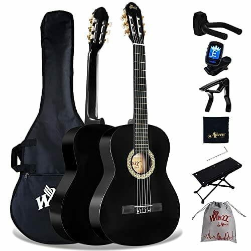 Winzz Gitara Klasyczna 4/4, Pełnowymiarowa, Dla Dorosłych, Nastolatków, Studentów, Początkujących, Z Nylonowym Sznurkiem (90 Cm, Czarny, Błyszczący)