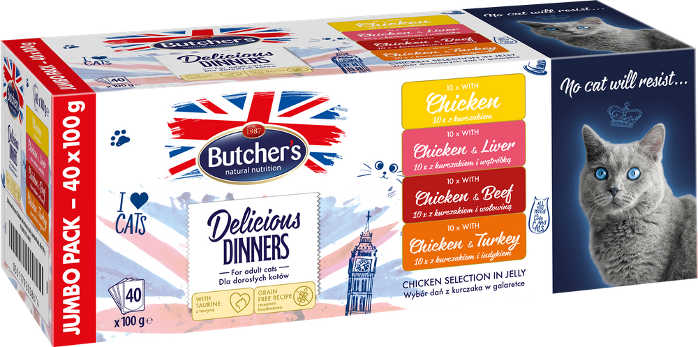 Butcher's Delicious Dinners Jumbo Pack, karma dla kota, Mix smaków w galaretce, 40x100g