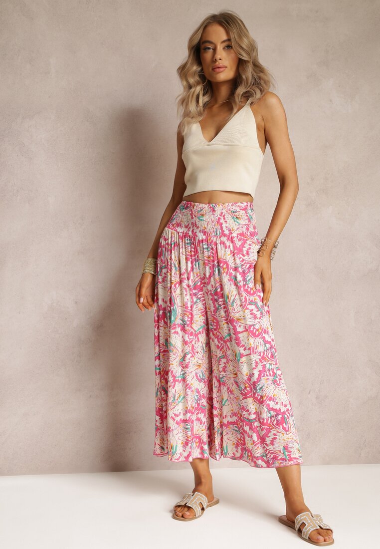 Ciemnoróżowe Szerokie Spodnie z Wiskozy o Długości 7/8 Zephia