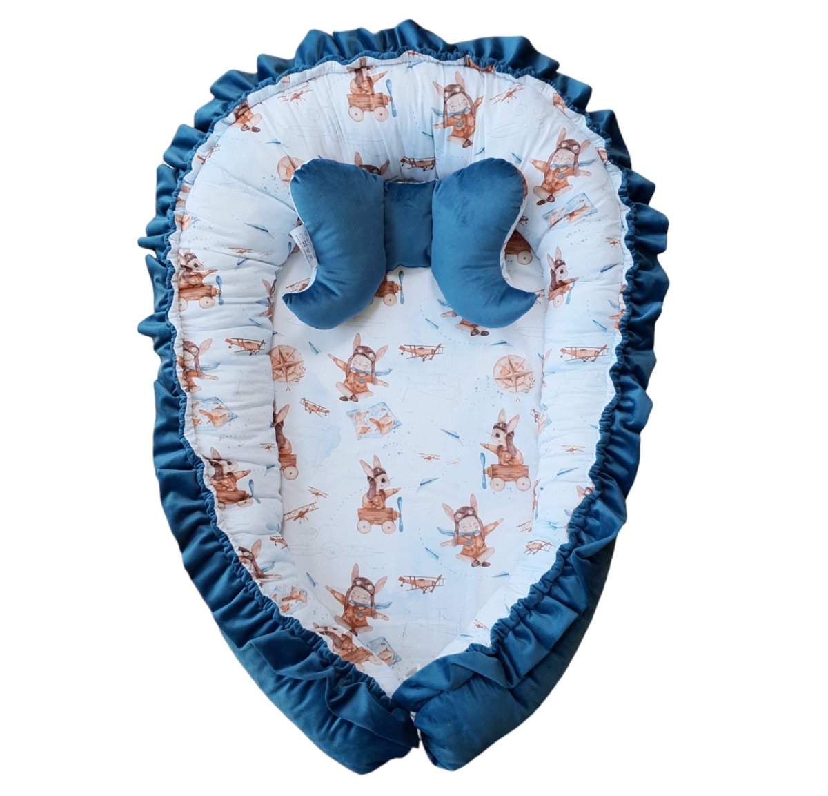 ELULE Kokon niemowlęcy z poduszką, gniazdo, otulacz z materiałów PREMIUM - Niebieski