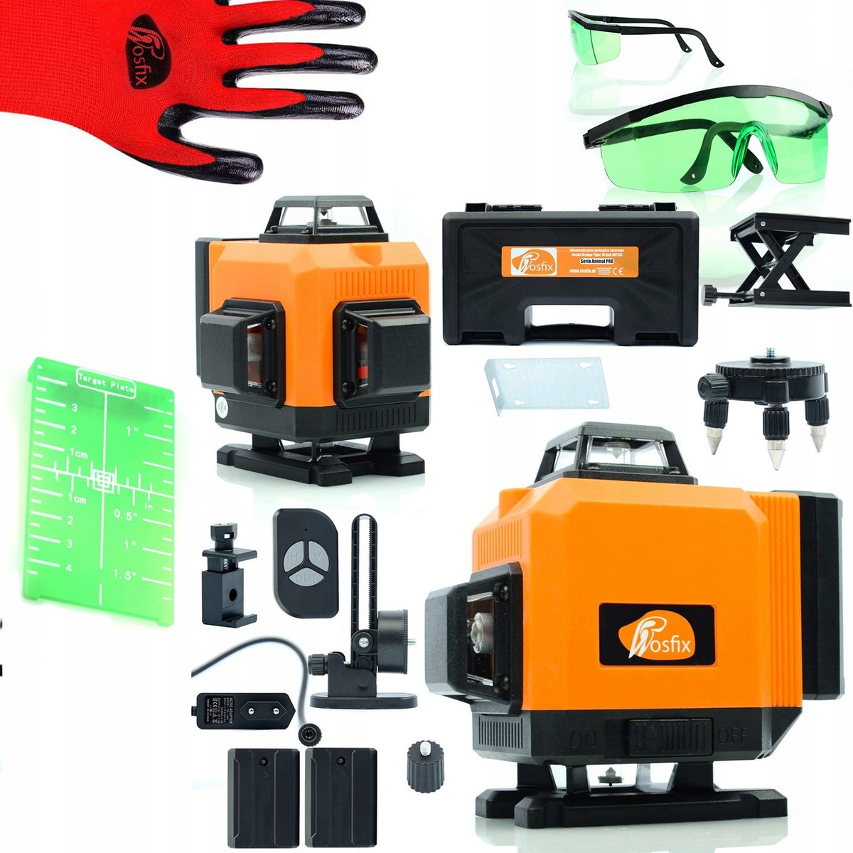 Rosfix Poziomica laserowa Rosfix Orange Tiger 16 linii ROT16L + Zielona tarcza do odczytu + Zielone okulary zabezpieczające + Rękawice r. L