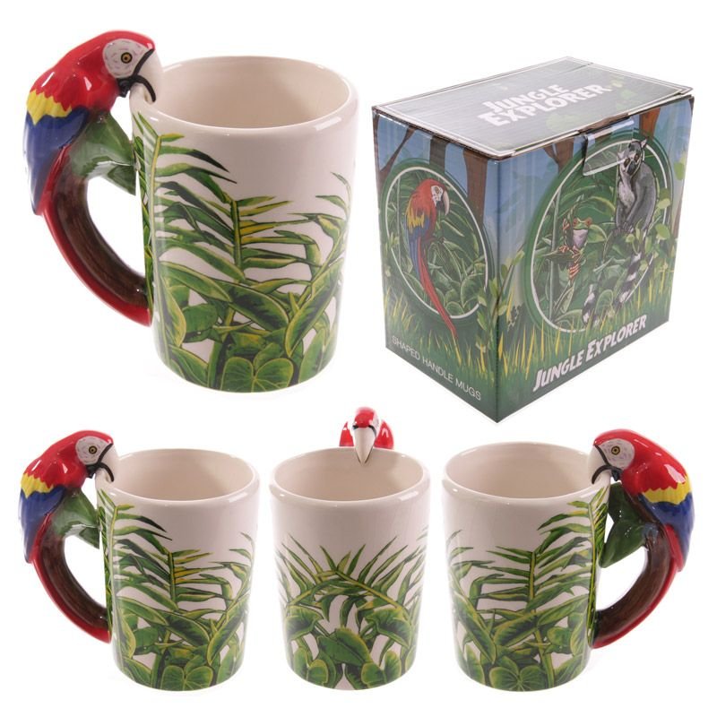 Puckator Papuga z dżunglą kalkomania ceramiczny uchwyt kubek, kawa gorące napoje, dekoracyjne pudełko upominkowe, dom kuchnia wysokość 14 cm szerokość 11,5 cm głębokość 8 cm