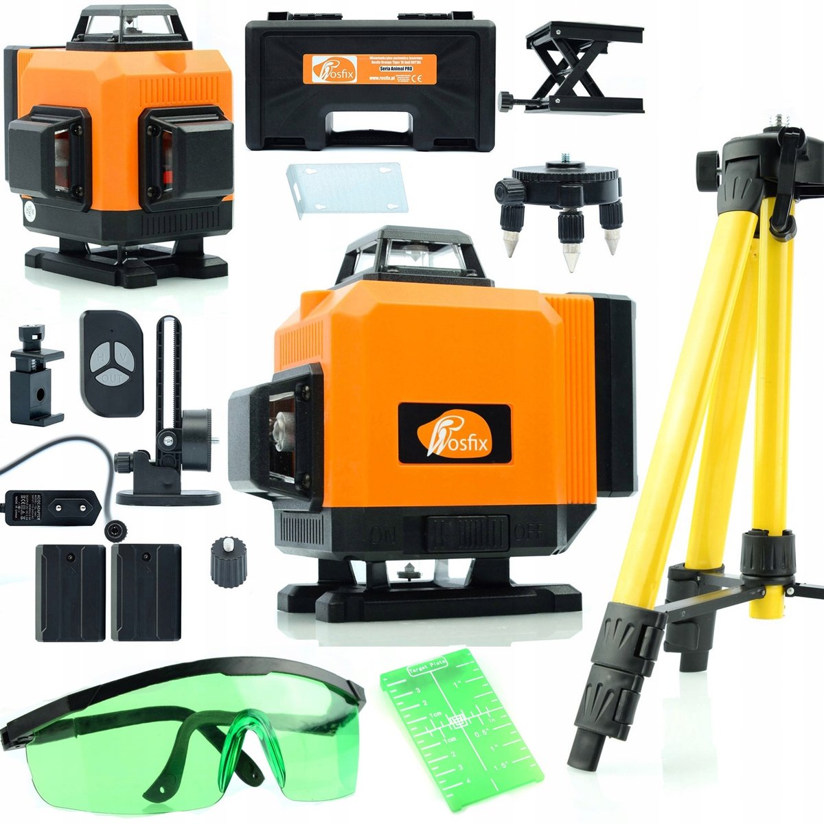 Rosfix Poziomica laserowa Rosfix Orange Tiger 16 linii ROT16L + Zielona tarcza do odczytu pomiaru + Zielone okulary zabezpieczające + Statyw 43-120cm