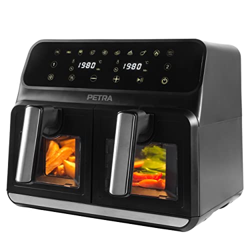 Petra PT5196GWVDE 7,6-l-Doppel-Heißluftfritteuse - Fritteuse ohne Öl, Ölfreier Kocher, Doppelschublade mit Glassichtfenstern, 2 antihaftbeschichtete große Frittierkörbe, 10 Kochfunktionen, 1700 W