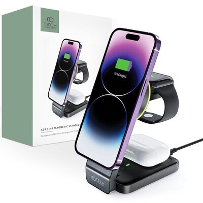 Ładowarka indukcyjna Tech-Protect A28 3w1 Magnetic MagSafe Wireless Charger Qi 15W, czarna
