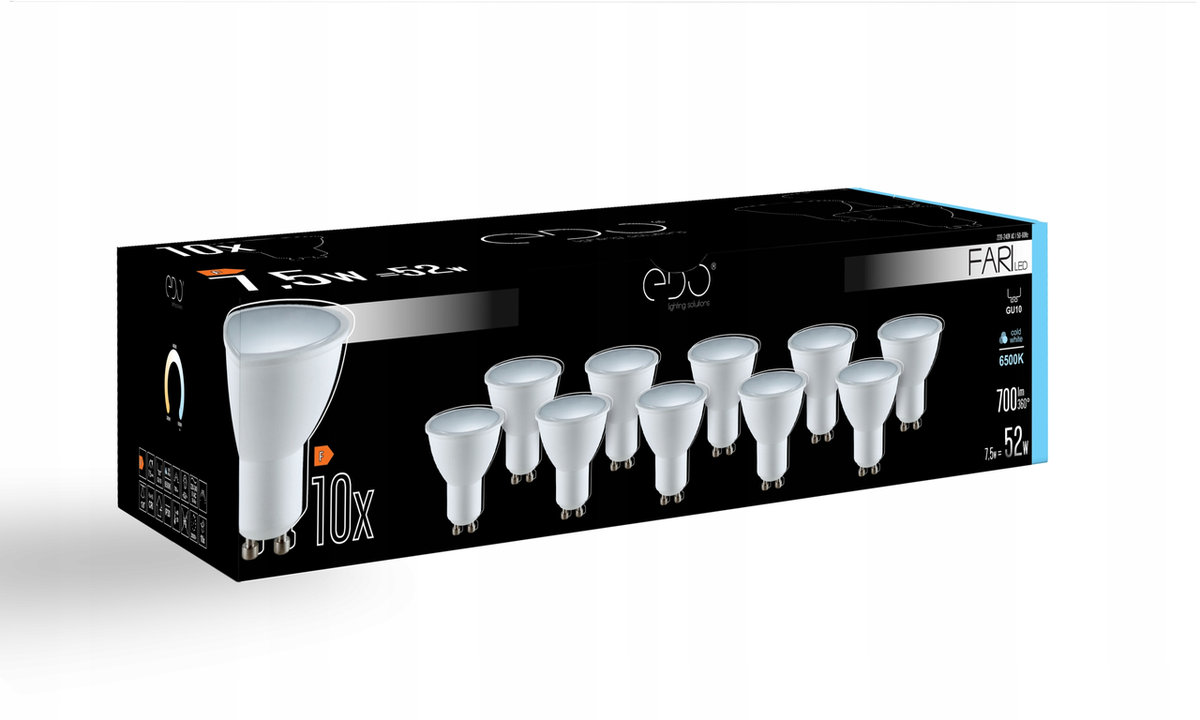 Zestaw 10x żarówka FARI LED GU10 7,5W 6500K zimna CW 700lm 120st Edo Solutions
