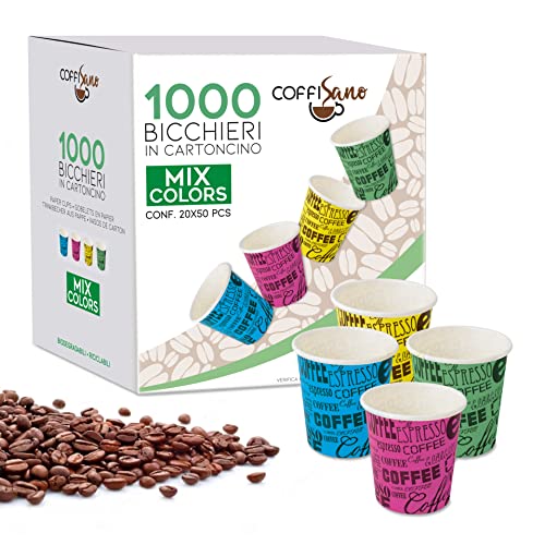 COFFISANO 1000 papierowych kubków do kawy 75 ml jednorazowe, kolorowe, różne, biodegradowalne kompozytowe, małe kubki jednorazowe i wyrzucane do napojów herbata ekspresowa