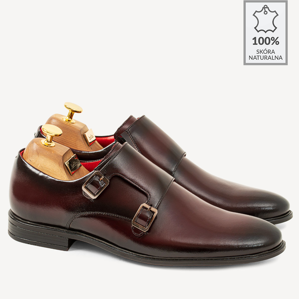 Eleganckie skórzane monki Raymond bordowe - BRILU