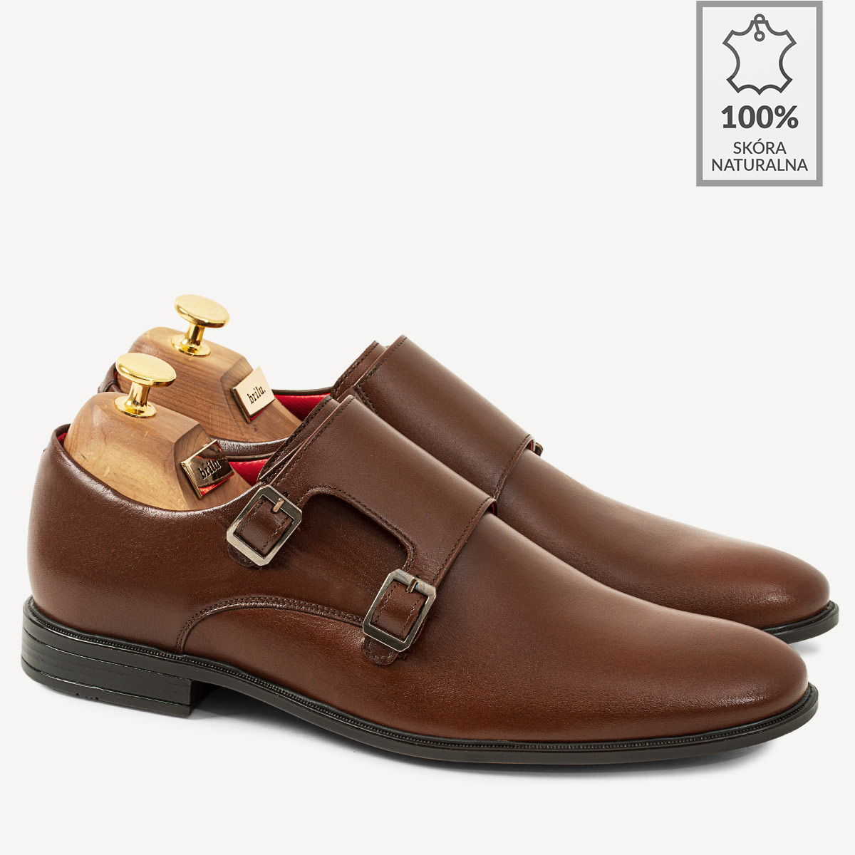 Eleganckie skórzane monki Raymond brązowe - BRILU
