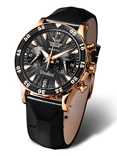 Vostok Europe Undine damski zegarek z 2 zapasowymi paskami, chronograf data 20 ATM, czarny, Pasek