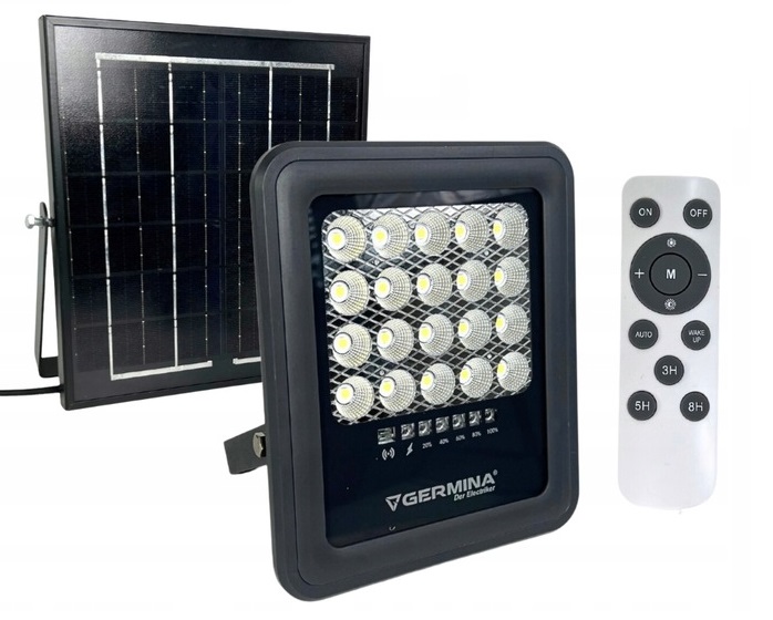 Naświetlacz LED z panelem solarnym 100W b.zimna 5000K 800lm GEMINI sterowany pilotem panel jako osobny element na przewodzie IP65 GERMINA