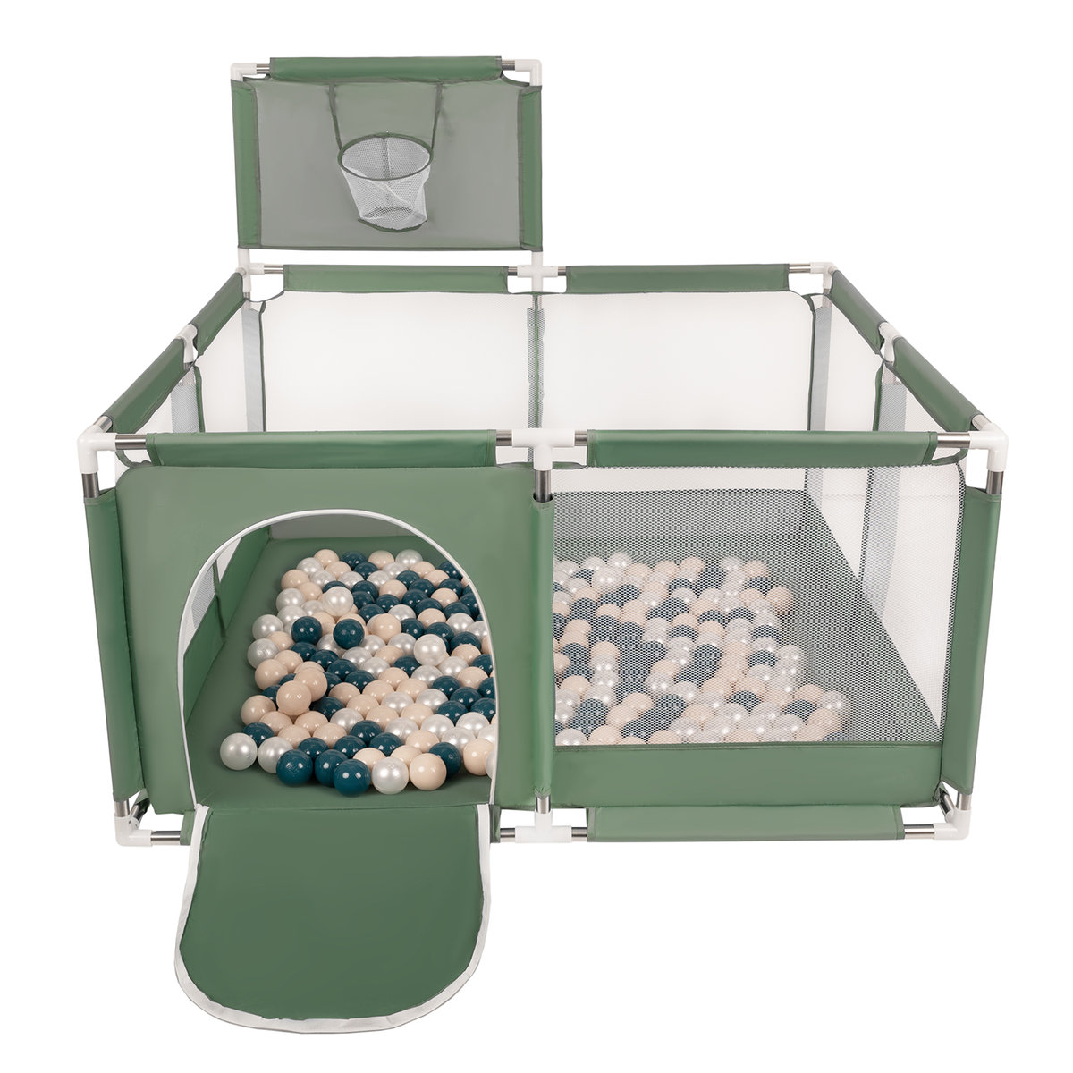 Selonis Boisko KK-100X z piłeczkami 6cm zielony: ciemny turkus-pastelowy beż-perła 125x125x105/100piłek Zabawka kojec