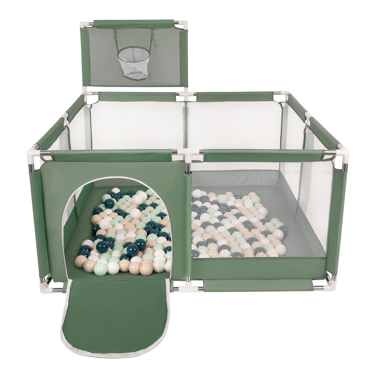 Selonis Boisko KK-100X z piłeczkami 6cm zielony: ciemny turkus-pastelowy beż-biały-mięta 125x125x105/100piłek Zabawka kojec