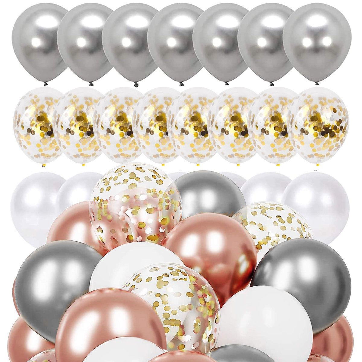 Balony 50 szt. urodzinowe na wieczór panieński, wesele białe, szare, różowe, z konfetti