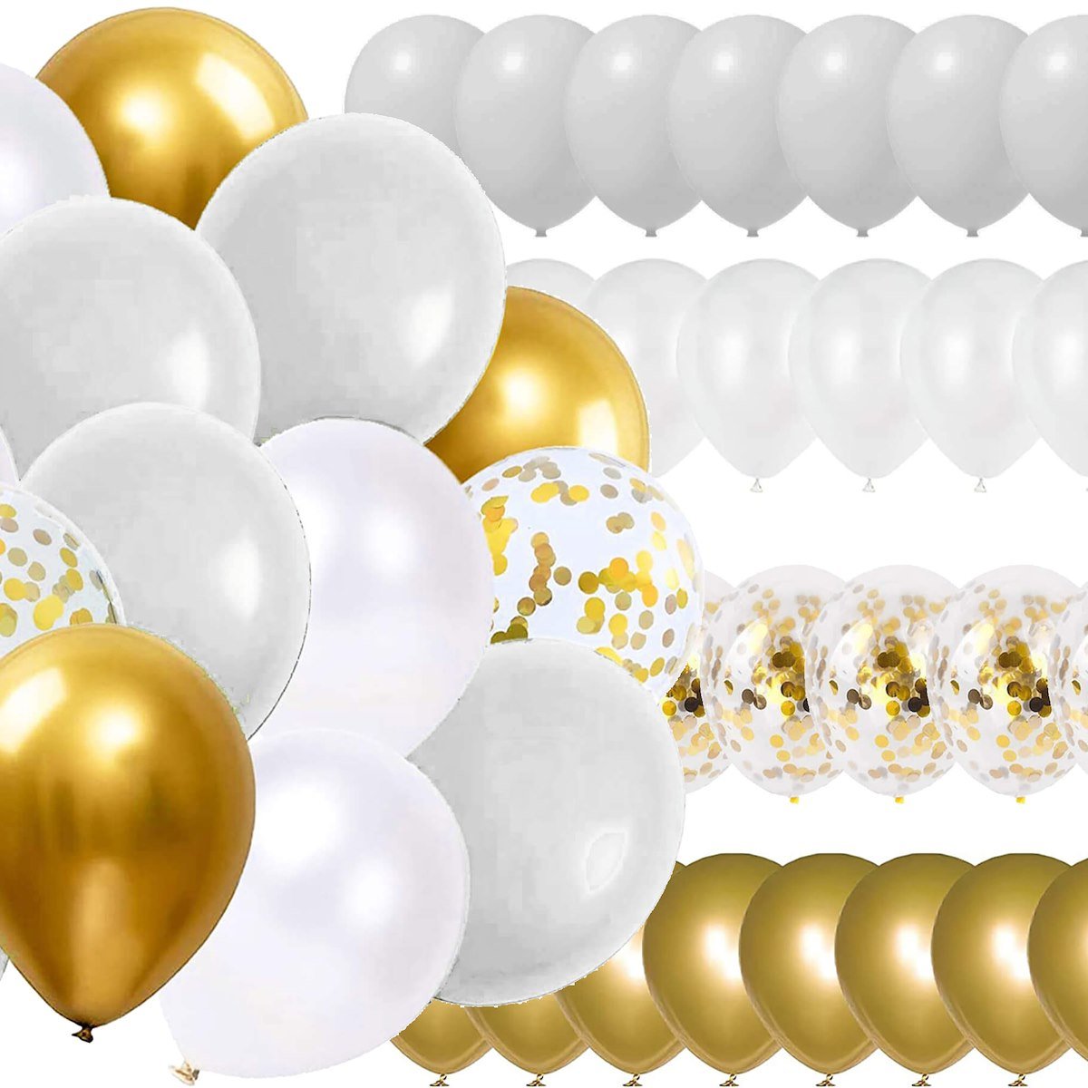 Balony 50 szt. urodzinowe na wieczór panieński, wesele białe, szare, złote, z konfetti