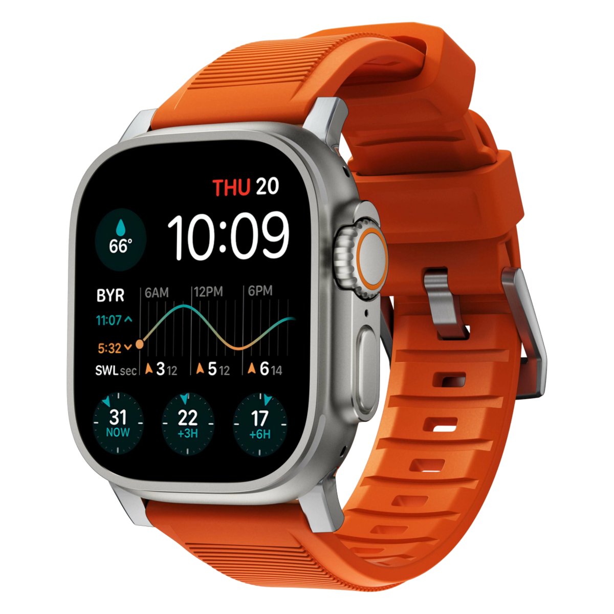 NOMAD - Rugged Band - Wytrzymały Pasek do Apple Watch 45 / 49 mm, Pomarańczowy, Srebrny
