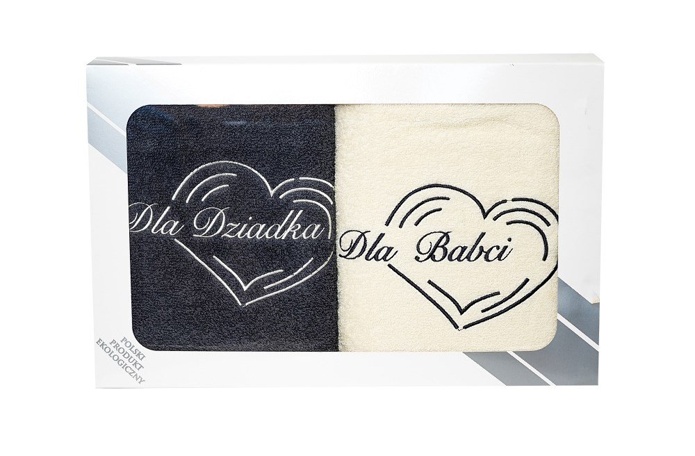 Komplet ręczników w pudełku 2 szt 70x140 Dla Babci i Dziadka kremowy grafitowy