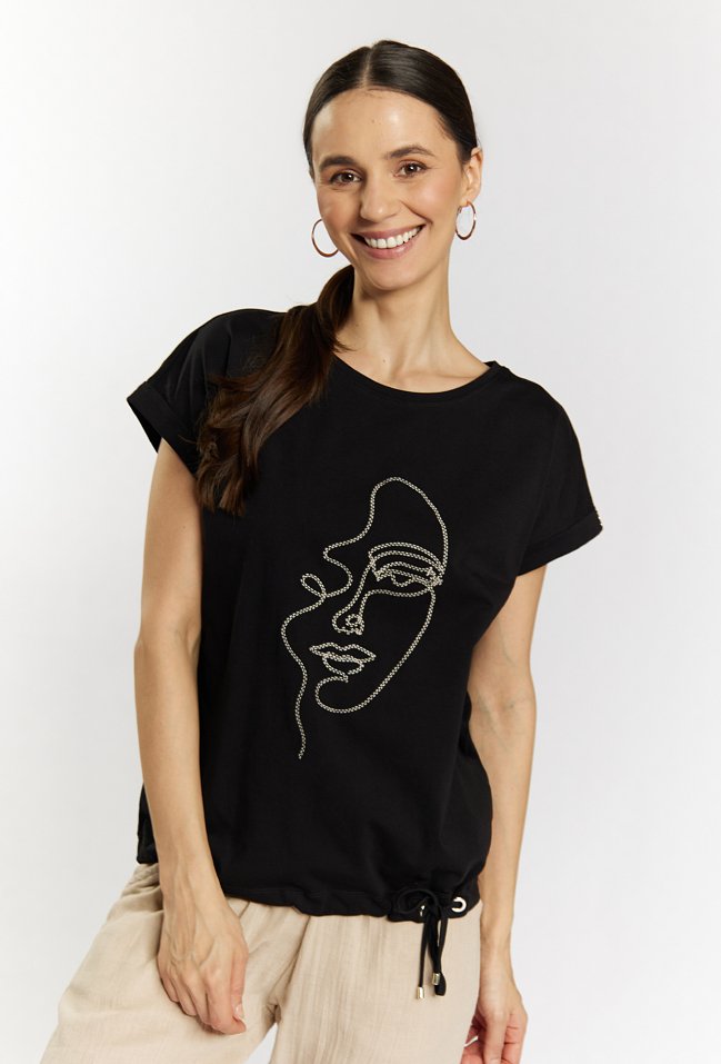 Bawełniany t-shirt z ozdobnym haftem - Monnari