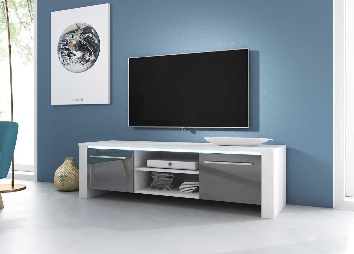 Szafka Rtv Manhattan Biały Mat / Szary Połysk + Led