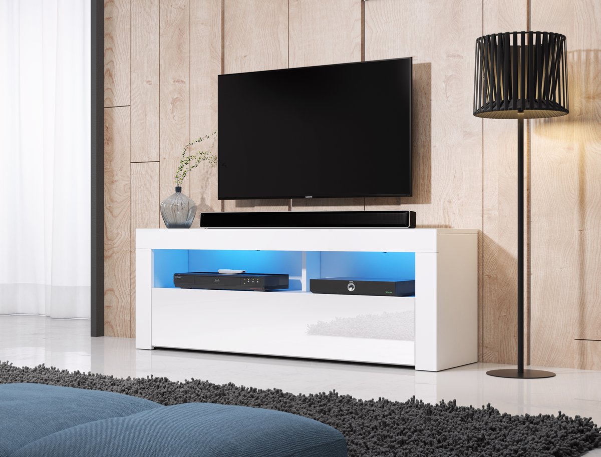 Szafka Rtv Mex 140 Biały / Biały Połysk + Led