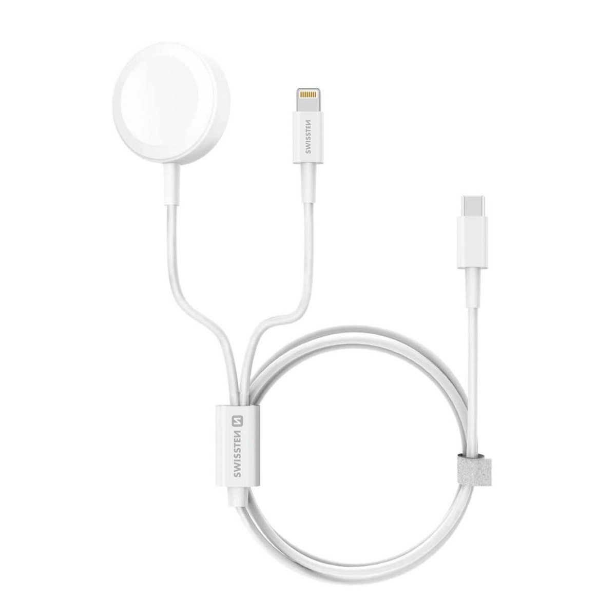 Kabel USB-C 2 w 1 Apple Watch Series 1, 2, 3, 4, 5, 6, SE, 7 i iPhone 1,2 m, Quick Charge Power Delivery, Swissten - bialy