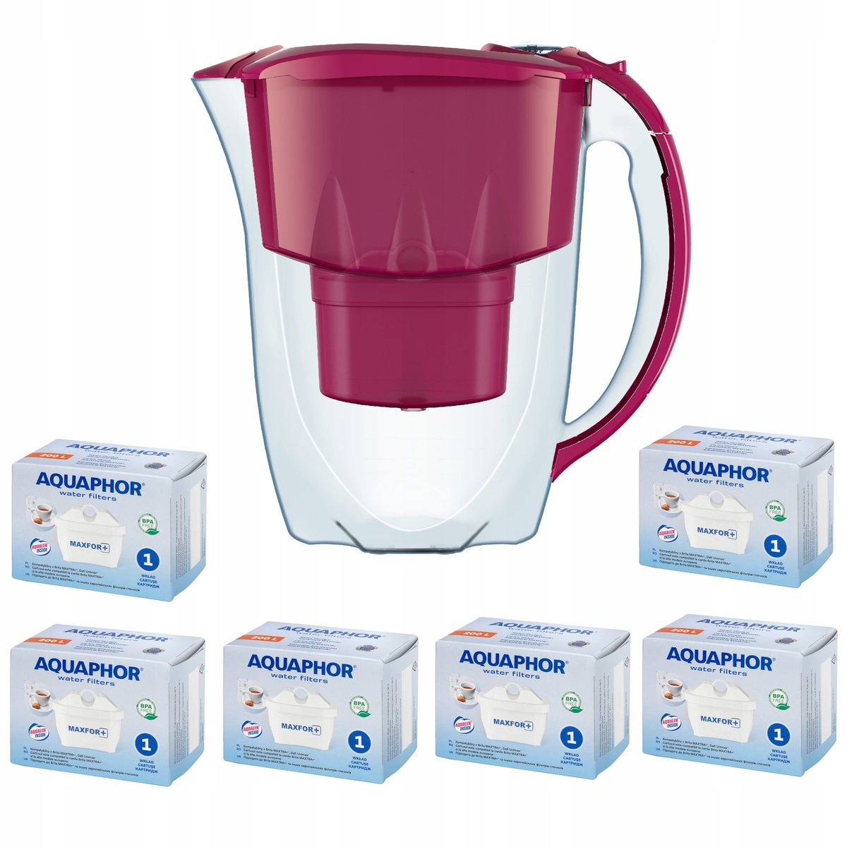 Dzbanek filtrujący Aquaphor Amethyst 2,8 l + 6 wkładów, wiśniowy