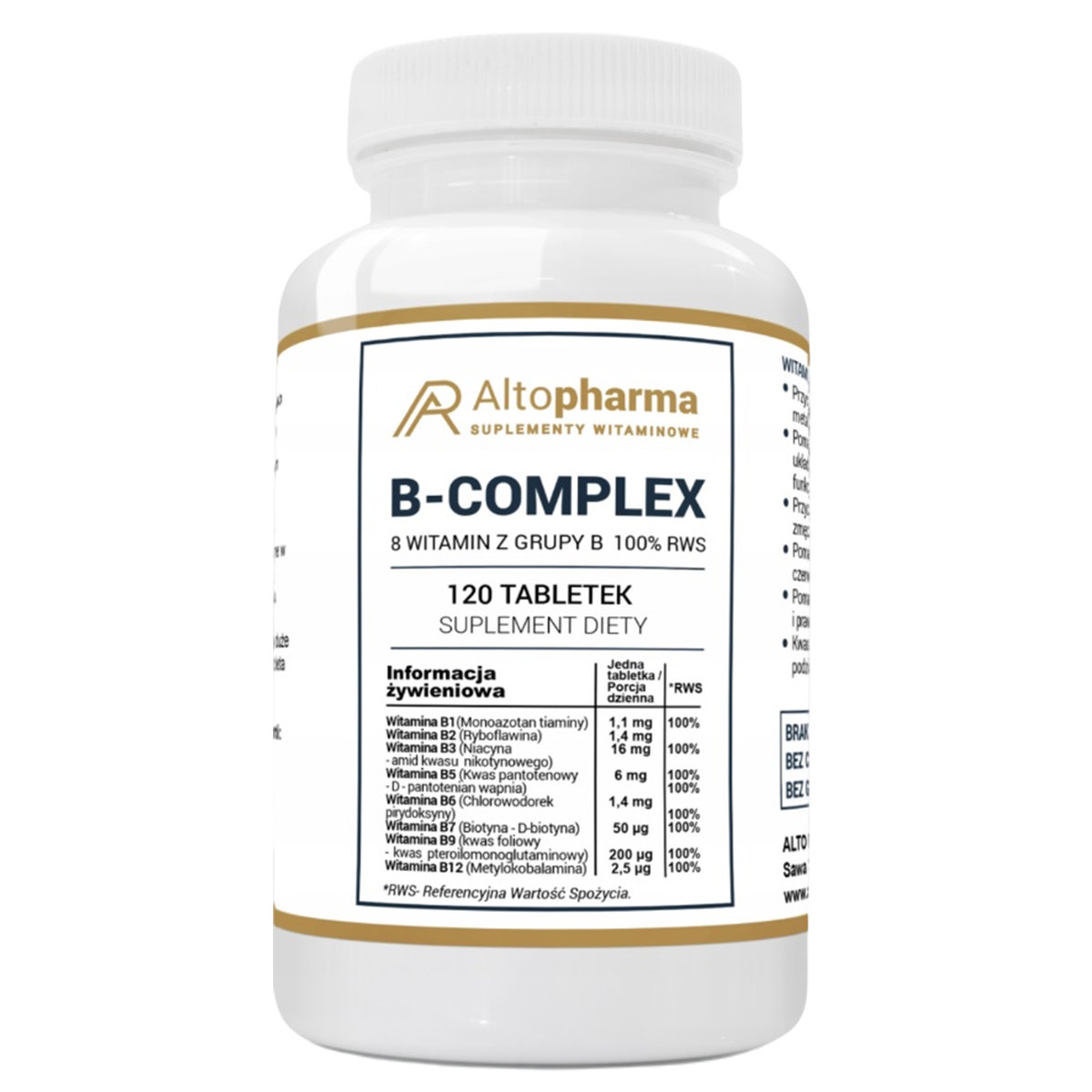 ALTO PHARMA Witamina B Complex 100% RWS (8 witamin z grupy B) 120 Tabletek