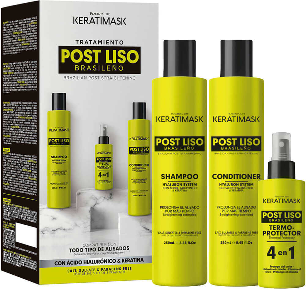 Placenta Life Keratimask Post Alisado Zestaw po keratynowym prostowaniu włosów szampon + odżywka 2x250ml + spray 50ml